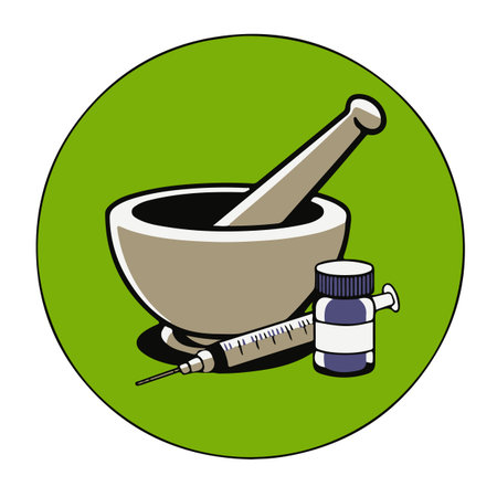 Vector illustration of a mortar and pestle with pills and a syringeのイラスト素材