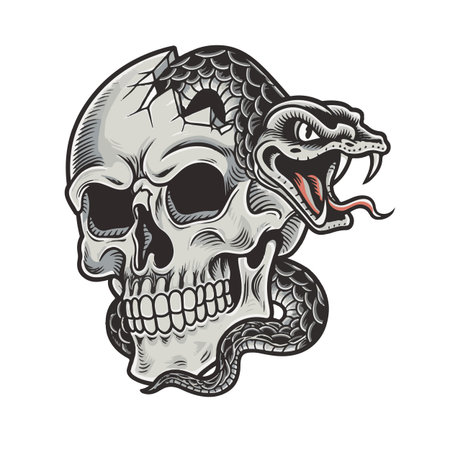 Skull and snake. Vector illustration. Isolated on white background.のイラスト素材
