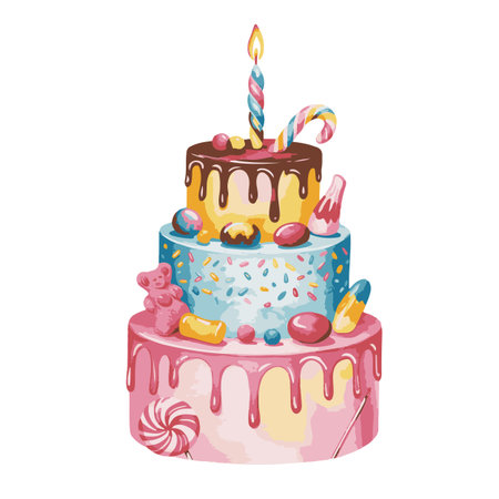 Birthday cake with candles and sweets. Hand drawn vector illustration.