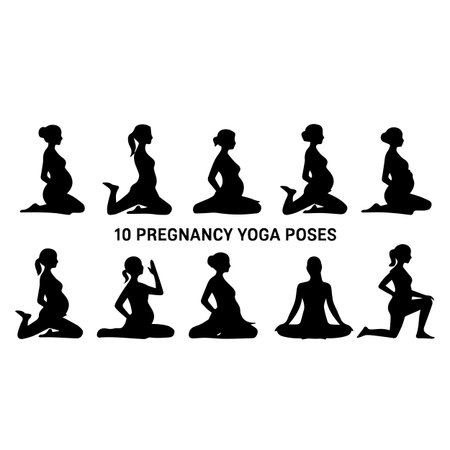 Pregnant woman yoga poses silhouettes isolated on white background. Vector illustration.のイラスト素材