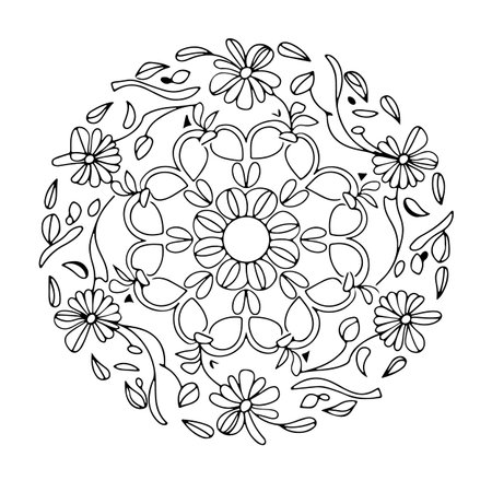 Round mandala with floral elements. Black and white. Vector illustration.のイラスト素材