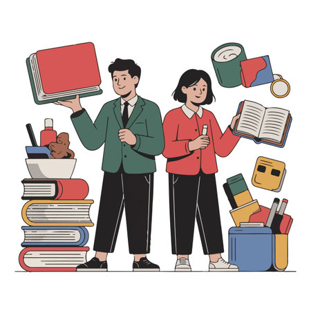 Education and learning concept. Man and woman standing with books. Vector illustration in cartoon styleのイラスト素材
