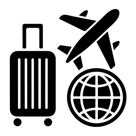 Airplane, suitcase and globe solid icon. Travel vector illustration isolated on white. Baggage glyph style design, designed for web and app. Eps 10のイラスト素材