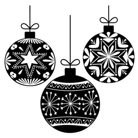 Black and white christmas baubles isolated on a white backgroundのイラスト素材