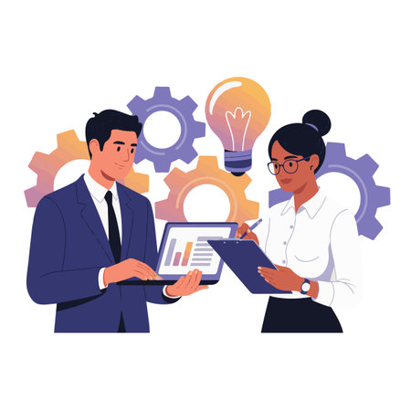Business people working with tablet and gear, teamwork concept, vector illustrationのイラスト素材