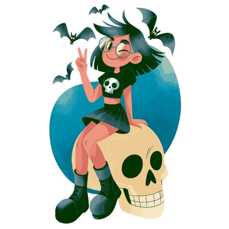 Cute little girl with a skull and bats. Vector illustration.のイラスト素材
