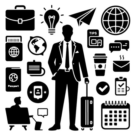 Businessman with a briefcase and a set of icons. Vector illustrationのイラスト素材