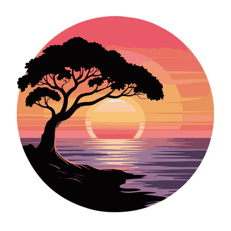 Silhouette of a tree on the beach at sunset. Vector illustration.のイラスト素材