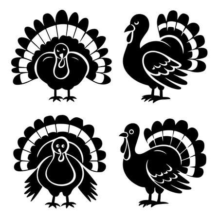Set of black silhouettes of turkey on a white background. Vector illustrationのイラスト素材