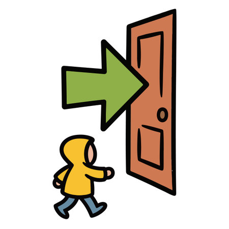 Illustration of a person coming out of an open door with an arrowのイラスト素材
