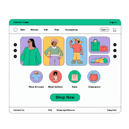 Shopping website template with icons in flat style. Vector illustration.