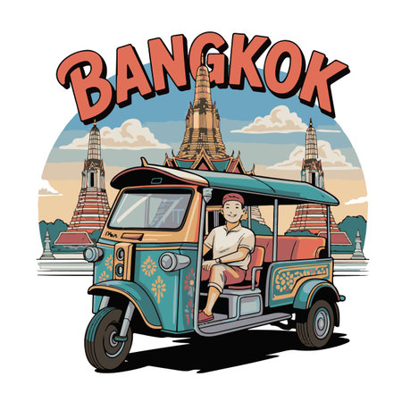 Vintage tuk tuk taxi, Bangkok, Thailand vector illustrationのイラスト素材