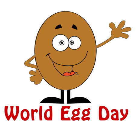 World egg day greeting card with funny cartoon egg character. Vector illustration.のイラスト素材
