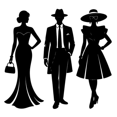 Silhouette of a woman in a hat, a man in a suit and a woman in a dressのイラスト素材