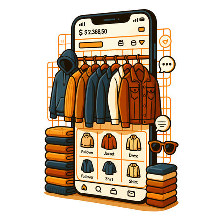 Illustration of a smartphone with clothes store on the screen. Vector illustration.のイラスト素材