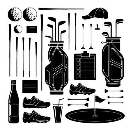 Golf equipment icons set. Vector illustration in black and white.のイラスト素材