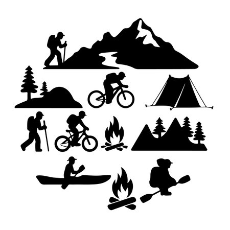 Set of black silhouettes of camping equipment and people. Vector illustrationのイラスト素材