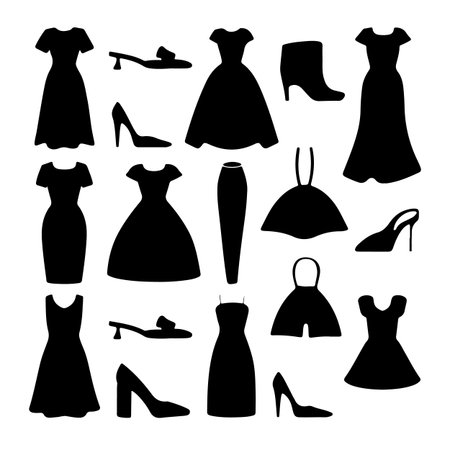 Black silhouettes of women's dresses and shoes. Vector illustration.のイラスト素材