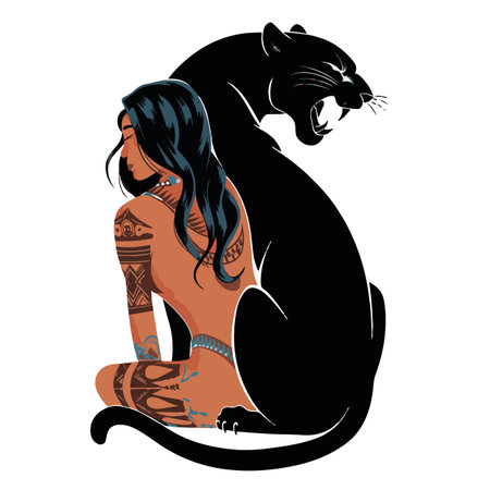 Tattooed woman with big black panther. Vector illustrationのイラスト素材