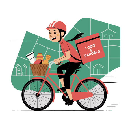 Vector illustration of a delivery man riding a bicycle with a box of foodのイラスト素材