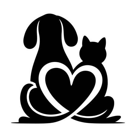 Cat and dog in love. Black silhouette on white background. Vector illustration.のイラスト素材
