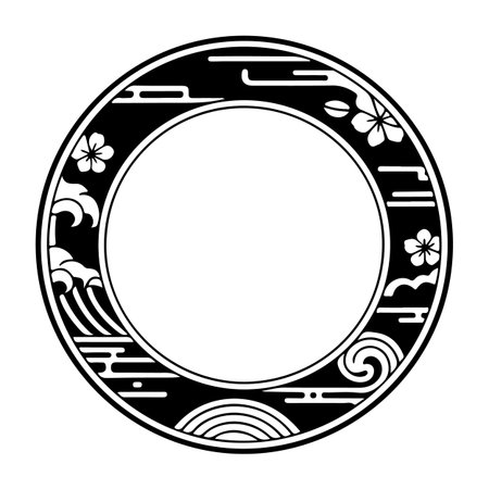 Round frame with floral motifs. Black and white vector illustration.のイラスト素材