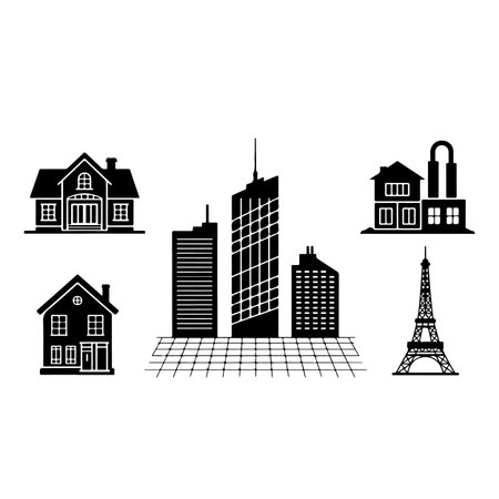 Eiffel tower and houses icons set on white background. Vector illustration.のイラスト素材