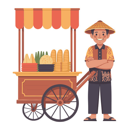 Mexican man selling street food. Vector illustration in flat cartoon styleのイラスト素材