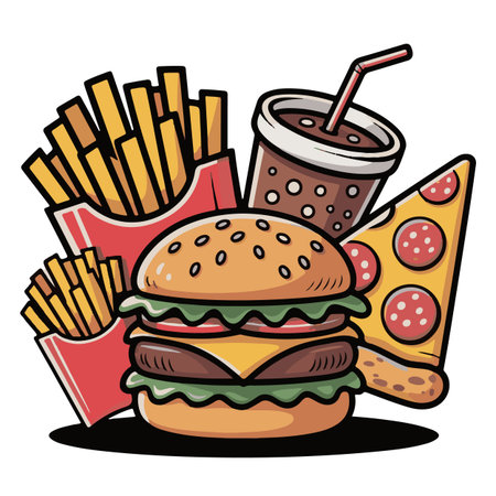 Illustration of a hamburger, french fries and cola drinkのイラスト素材