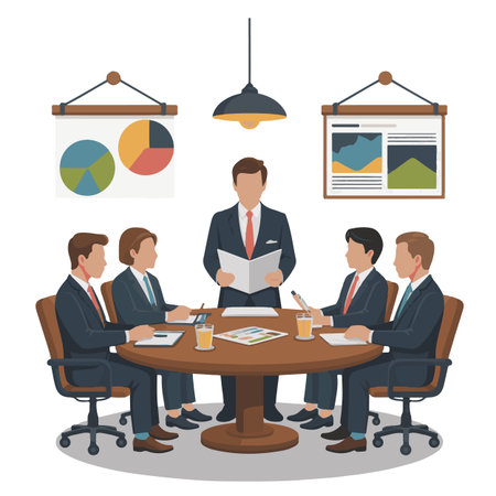 Business meeting vector illustration in flat style. Group of business people sitting around the table and discussing.のイラスト素材