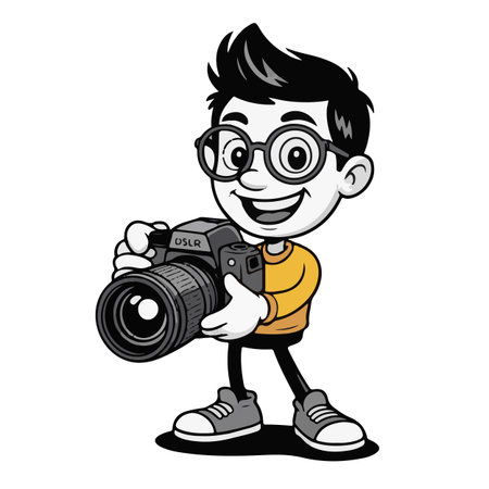 Cartoon boy with a camera on a white background. Vector illustrationのイラスト素材