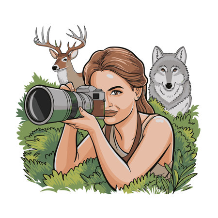 Photographer with camera and wolf in the grass. Vector illustration.のイラスト素材
