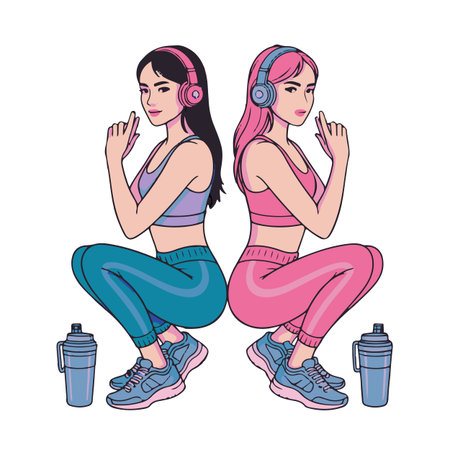 Fitness woman with headphones and water bottle cartoon vector illustration graphic designのイラスト素材