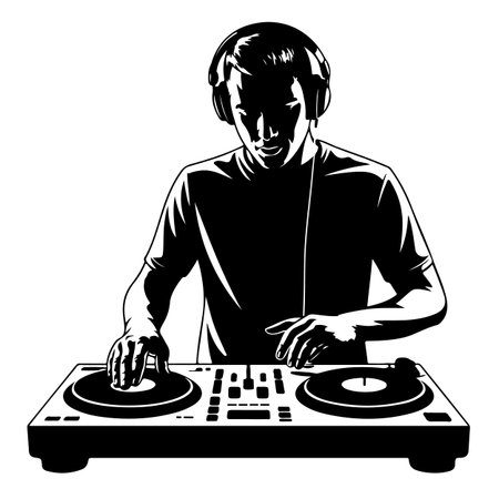 DJ playing music on a turntable. Black and white vector illustration.のイラスト素材