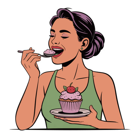 Young woman eating cupcake. Vector illustration in cartoon comic style.のイラスト素材