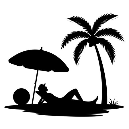 Vector silhouette of a girl on the beach under a palm tree.のイラスト素材