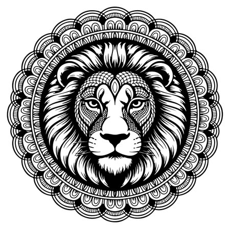 Lion head in mandala style. Black and white vector illustration.のイラスト素材