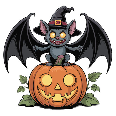 Halloween pumpkin with vampire bat on white background. Vector illustration.のイラスト素材