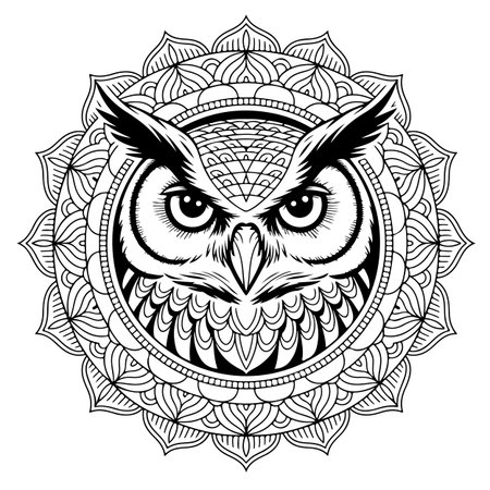 Owl with mandala. Black and white vector illustration for coloring book.のイラスト素材