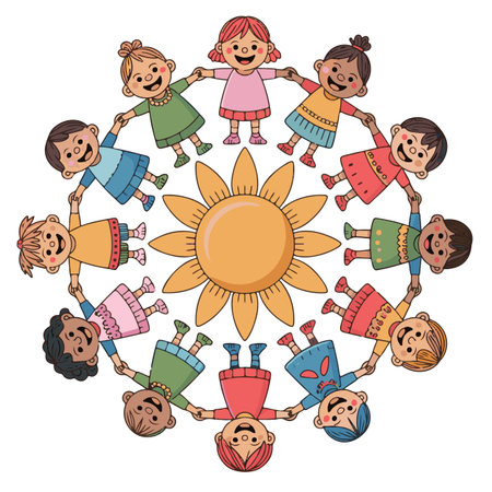 Circle of children with sun. Vector illustration isolated on white background.のイラスト素材