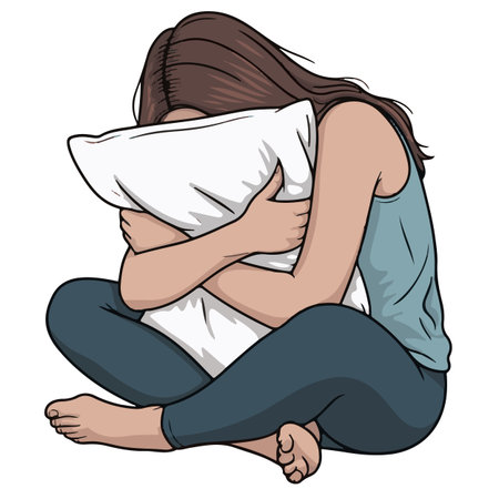 Illustration of a young woman holding a pillow on a white backgroundのイラスト素材