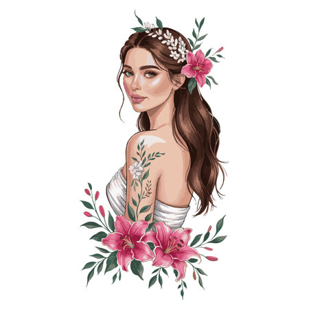 Beautiful young woman with flowers in her hair. Vector illustration.のイラスト素材