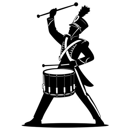 Black and white illustration of a man playing the drums on white backgroundのイラスト素材