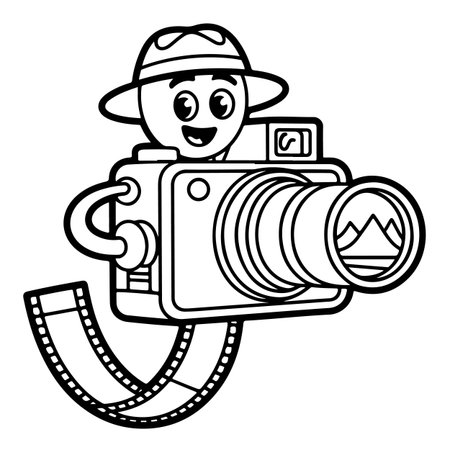 Black and White Cartoon Illustration of a Photographer Character with Camera for Coloring Bookのイラスト素材