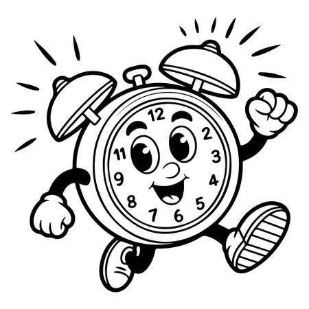 Cartoon Alarm Clock Running - Black and White Cartoon Illustration, Vectorのイラスト素材