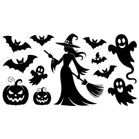 Halloween Silhouettes of Witch and Bats, Vector Illustrationのイラスト素材