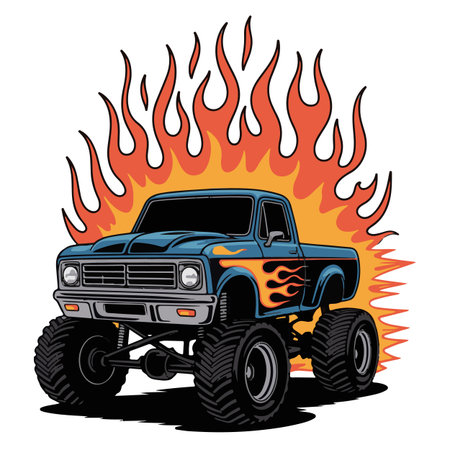 Illustration of a monster truck on a fire. Vector illustration.のイラスト素材