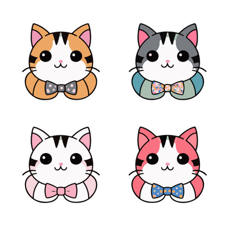 Set of cute kawaii cats with bow tie. Vector illustration.のイラスト素材