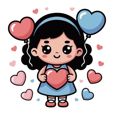 cute little girl with heart balloons and heart vector illustration graphic designのイラスト素材
