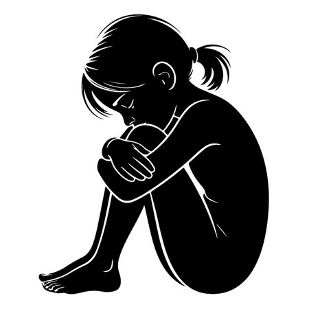 Sad little girl sitting on the floor and crying, vector illustration.のイラスト素材